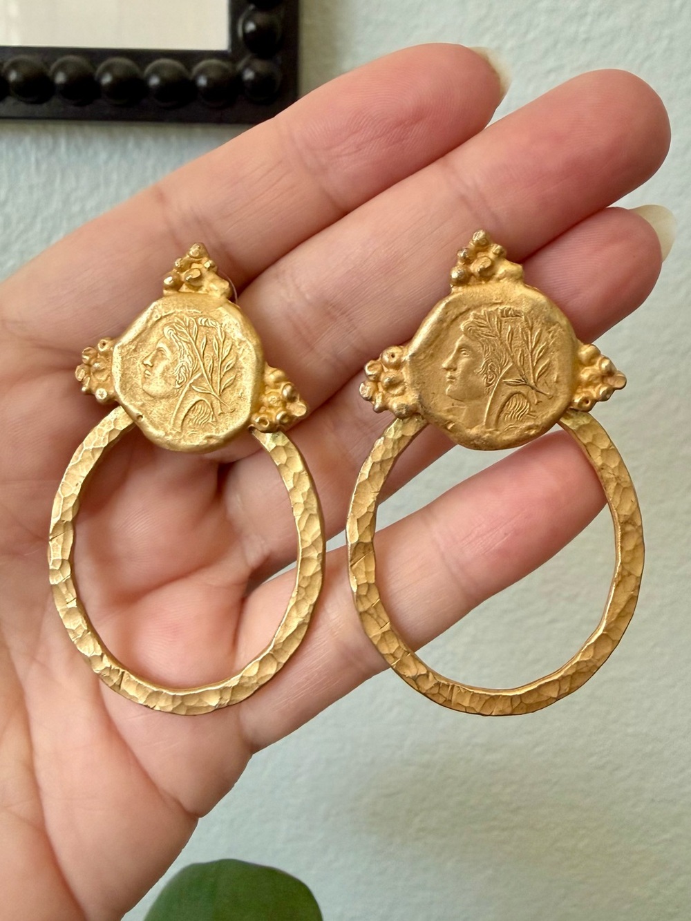 Vintage Matte Goldtone Coin Door Knocker Statement Earrings Pierced Etruscan